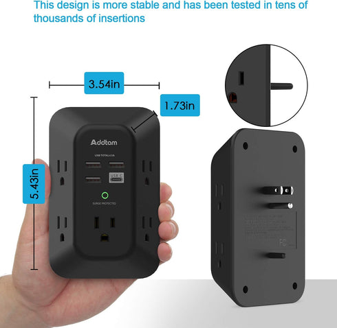 USB Wall Charger Surge Protector - Addtam 5 Outlet Extender with 4 USB Charging Ports (1 USB C), 3-Sided 1800J Power Strip Multi Plug Outlets Adap...