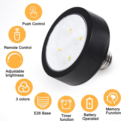 Black Battery Light Bulb, Battery Operated Puck Lights with Remote, AA Battery powered E26 Bulb with Memory Function, dimmable cordless light bulb...
