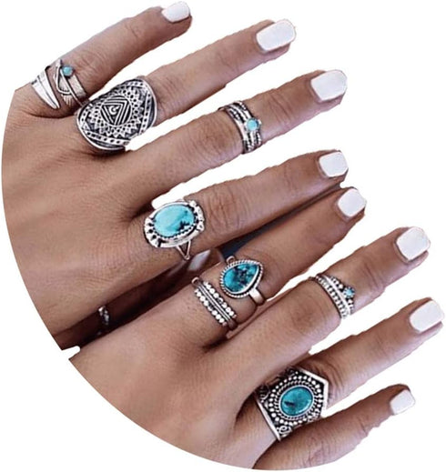 Barode Boho Turquoise Knuckle Vintage Feather Joint Knuckle Ring Set Stackable Midi Ring Set for Women(8PCS)...