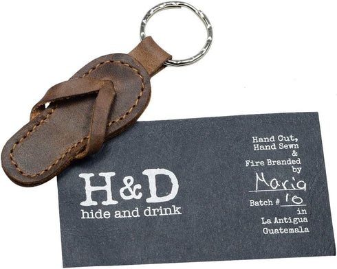 Hide & Drink, Flip-Flop Keychain, Sandal Beach Keychain for Travelers, Surfers and Beach Lovers, Full Grain Leather, Handmade, Bourbon Brown...
