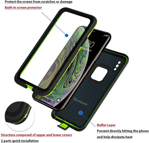 GUSTAVE iPhone Xs Waterproof Case, iPhone X Waterproof Case Wireless Charging Support Waterproof Shockproof Full-Body Rugged Cover Case with Built...