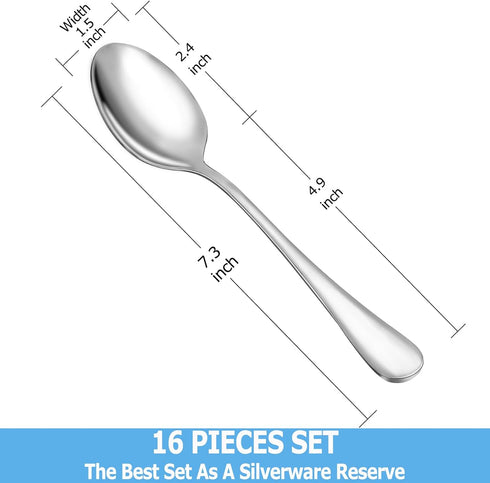 Dinner Spoon Set,16 Pcs 7.3" Tablespoons,Premium Food Grade 18/10 Stainless Steel Spoons,Durable Metal Spoons,Tablespoon,Silverware Spoons Only,Mi...