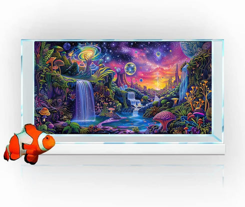 Aquarium Background with Galaxy Space Planet Design, Waterfall Landscape Tapestry Fantasy Mountain Wave Wall Tapestry Mysterious Neon Plants Fish ...
