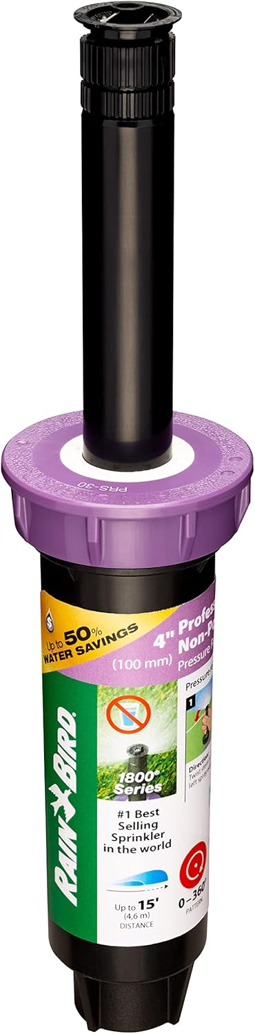 Rain Bird 1804NPPRS Pressure Regulating (PRS) Professional Non-Potable Water Pop-Up Sprinkler, Adjustable 0° to 360° Pattern, 8' - 15' Spray Dista...
