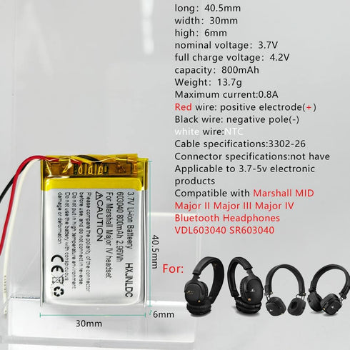DC 3.7V 800mAh 603040 Rechargeable Lithium-ion Battery for Marshall MID Major II Major III Major IV Bluetooth Headphones VDL603040 SR603040...