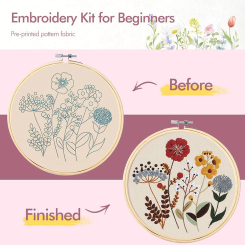 Embroidery Kit for Adults, 4 Sets Cross Stitch Kits for Beginners with Stamped Flower Pattern, Starter Kits for Hand Craft Lover with Bamboo Hoop,...