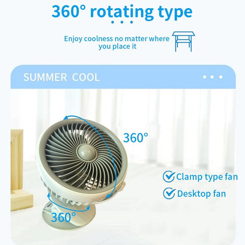 Rechargeable Clip Fan with LED Lights, Portable Powerful Clip Multifunctional Fan, Three Speed Mode, Adjustable Angle Fan,Fan with Warm Light, Amb...
