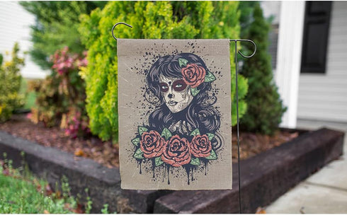 Moslion Sugar Skull Garden Flag Vertical Double Sided Gothic Lady with Day of The Dead Makeup and Blooming Red Roses House Flags Home Burlap Banne...