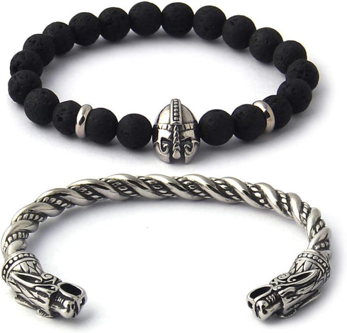 BAVIPOWER Handcrafted Wolf Heads Bangle Adjustable Stainless Steel Norse Scandinavian Bracelet Authentic Viking Jewelry...