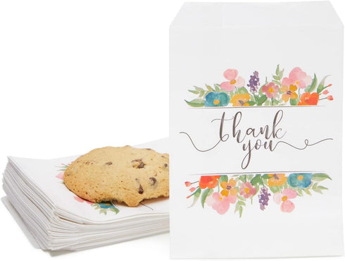 100 Pack Paper Cookie Bags - 7.5 x 5 Inch for Party Favors, Treats and Candy; Wedding Individual Bag with Floral Thank You Design & Mini Gift Pouc...