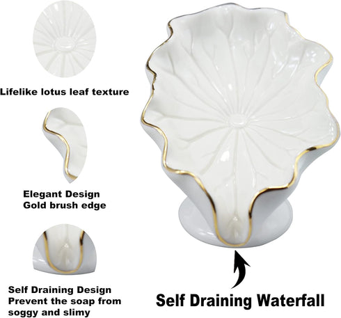 Soap Dish Ceramic White Lotus Leaf Shape Soap Holder Self Draining Soap Dish Waterfall Slot Sponge Holder Bathroom Accessories for Bathroom, Kitch...