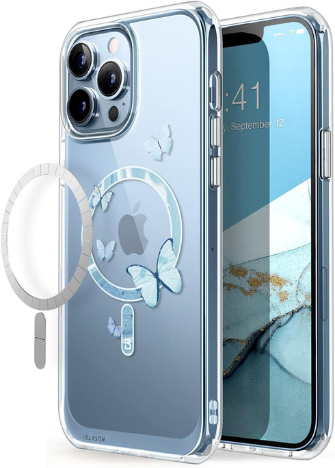 i-Blason Halo Case Compatible with MagSafe for iPhone 13 Pro Max 6.7 inch, Slim Clear Case with TPU Inner Bumper (Butterfly/Blue)...