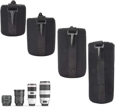 4PCS S M L XL Camera Lens Storage Bag,Portable Neoprene Black Elastic Shock Absorption DSLR Camera Lens Cover Storage Bag,4 Size Lens Pouch Set...