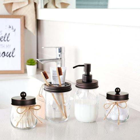 Amolliar Mason Jar Bathroom Storage Organizer -Oil Rubbed Bronze- Rustic Farmhouse Decor Bathroom Accessories - Qtip Holder Dispenser Glass Apothe...