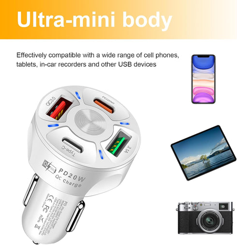 4 Ports Car Fast Charging Charger Cigarette Lighter Adapter, Super Fast Auto Charging Cigarette Lighter Plug with QC 3.0, PD 20W, Type C, 3.1 A, V...