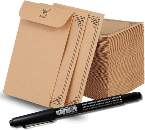 Brown Color 250 Small Coin Envelopes with Black Pen 2 1/4 x 3 1/2 inches 130 gsm Seed Envelopes for Storage of Keys, Cards, Wage, Stamp Collection...