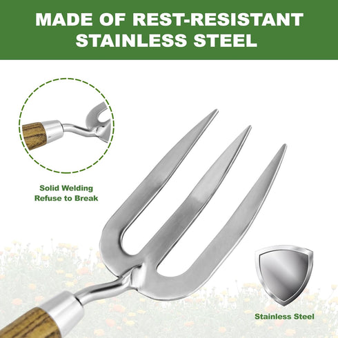Garden Hand Fork, Hand Weeding Fork with Sharp Tine for Easy Uprooting Large Weeds, Stainless Steel Garden Fork, Comfortable Grip Wood Handle Hand...