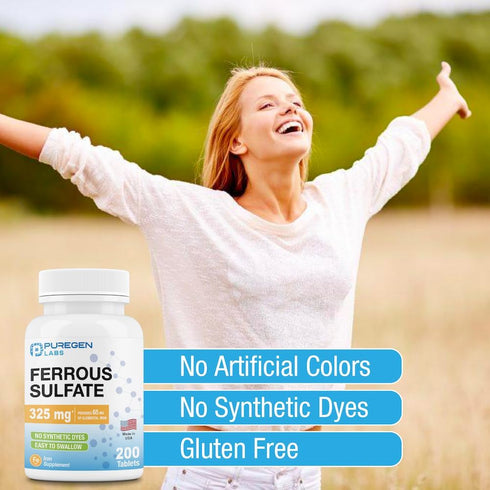 Puregen Labs Ferrous Sulfate 325 mg (65 mg Elemental Iron) High Potency Iron Supplement | No Artificial Color Additives - 200 Tablets Made in USA...