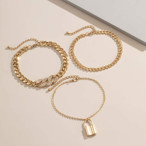 Boho Vintage Rhinestones Chunky Ankle Bracelets Gold Chain Beach Lock Anklet Bracelet Simple Adjustable Anklet Set for Women 3Pcs...