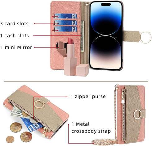 Asuwish Phone Case for iPhone 14 Pro 6.1 inch Wallet Cover with Screen Protector and Mirror Flip Cover Ring Card Holder Crossbody Strap Stand Cell...