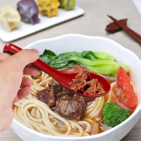 2 Pack - Red and Black 6.5-inch Asian Soup Spoon with Hook– Fuji Chinese Japanese Korean Style Spoon, Perfect for Melamine Won Ton Rice Pho Soba &...