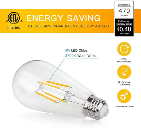 Dimmable Vintage Edison LED Bulb,Antique 40W Vintage Edison Bulb,E26 Light Bulb Led Bulb 400 Lumens Warm white 2700K,Pack of 6...
