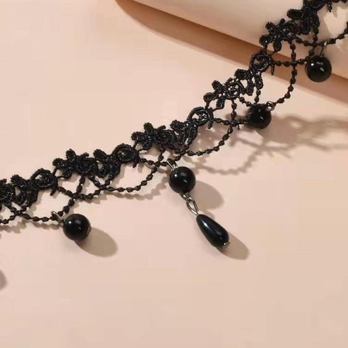 Boho Pearl Lace Necklace Black Lace Choker Necklaces Vintage Pearl Pendent Necklace Lace Flower Collar Neckalce Chain Jewelry for Women and Girls...