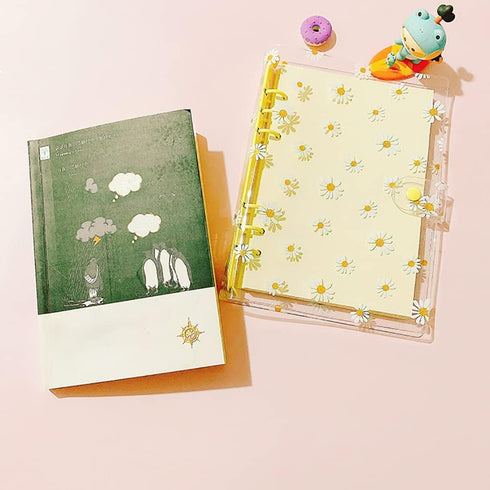 Blue A6 6 Holes Transparent Daisy PVC Binder Cover Loose Leaf Sheet Protector Round Ring View Binder Notebook Planner Folder with Snap Button Clos...