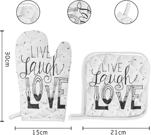 Set of Oven Mitt and Pot Holder Live Laugh Love Quote Oven Gloves Heat Resistance Non-Slip Surface for Kitchen BBQ Cooking Baking Grilling,Black W...