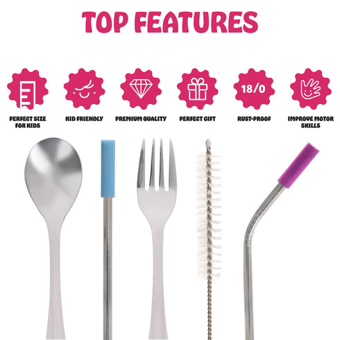 15 Pieces Toddler Kids Utensils Kids Silverware Set Stainless Steel, Safe Baby Utensils 3 Toddler Forks 3 Toddler Spoons 4 Reusable Metal Straws 4...
