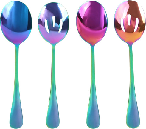 4 Pieces Colorful Serving Spoons Set, Include 2 Large Serving Spoon And 2 Slotted Spoons, Rainbow Color Style Stainless Steel Serving Utensils for...