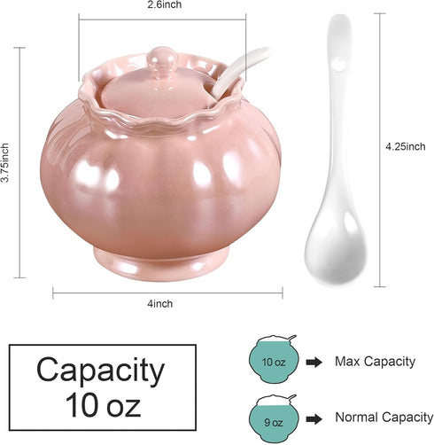 Porcelain Sugar or Salt Bowl with Lid and Spoon, Ceramic Spice Keeper Pearlescent Glazed Design Modern Kitchen Decor, 9 Ounce, Pink...