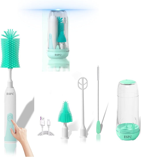 Portable Electric Baby Bottle Brush Cleaner Kit With Automatic Electric Bottle Brush,Nipple/Straw Cleaner,Electric Stirrer and Drying Rack,Waterpr...