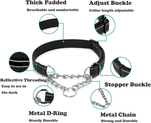 Martingale Dog Collar with Stainless Steel Chain, Adjustable Soft Padded Nylon Reflective Collar, No Pull Heavy Duty Chain Walking Training Collla...