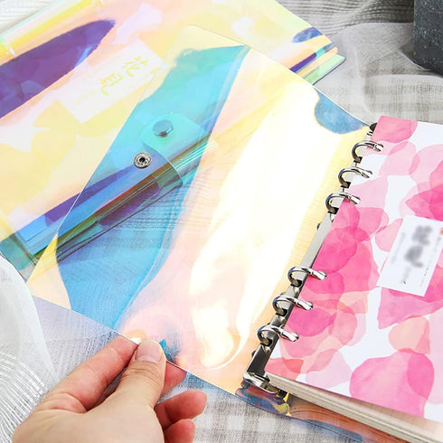 2 Pcs Clear Rainbow 6-Ring PVC Binder Cover Holographic Notebook Protector Shell with Button Closure Loose Leaf Folder Round Ring A5...