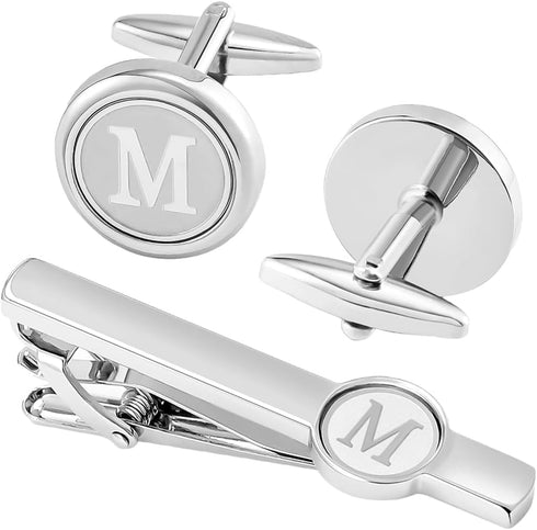Silver Initial Cufflinks and Tie Clip Set for Men Stainless Steel Personalized Tuxedo Shirt Cuff Links Letter Alphabet A-Z Gift for Father Husband...