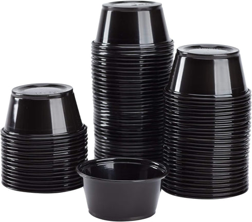 50 Pack 4oz Portion Cups plastic containers disposable small tiny dipping shot Black food serving sauce 4 ounce oz mini bowls individual dessert j...