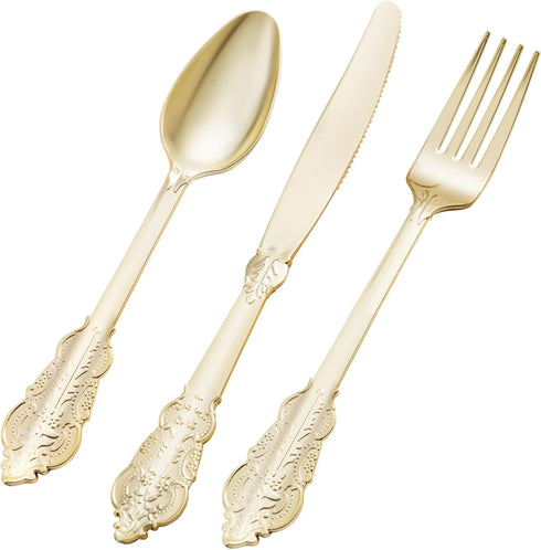 75PCS Gold Plastic Silverware for 25 Guests, Heavy Duty Gold Disposable Utensils Sets, Includes 25 Forks, 25 Spoons, 25 Knives, Elegant Cutlery Pe...