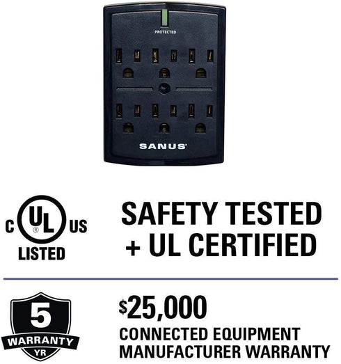 SANUS On-Wall Low Profile 1080J Fireproof Surge Protector with 6 AC Outlets & 3 Lines of Protection - Includes Power Signal Filtering Black...