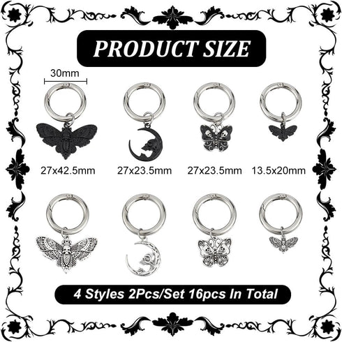 16 Pcs 8 Styles Alloy Butterfly Shoe Charms, Antique Silver Electrophoresis Black Moth Shoe Decoration Moon Skull Shoe Charm with Spring Ring for ...