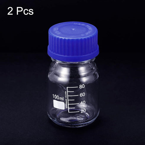 PATIKIL 100mL Reagent Media Bottle, 2Pcs Round Graduated Glass Storage Bottle Blue Screw Cap for Chemistry Lab Universities Home, Clear...