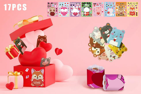 68Ft Heart Bulletin Board Decorations with 8pcs Animal Sticker+8pcs Cards, Red Pink Heart Rolled Border Trim for Party Classroom Chalkboard Wall D...