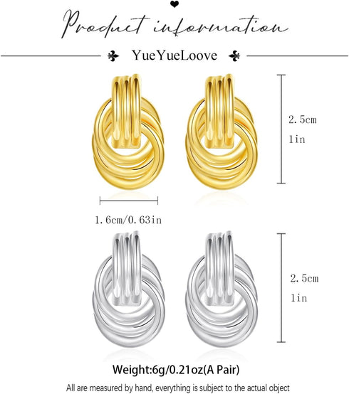 2Pcs Gold and Silver Earrings for Women, Gold Statement Geometric Knot Stud Earrings Set Chunky Gold Solver Hollow Tube Knot Drop Dangle Earrings ...