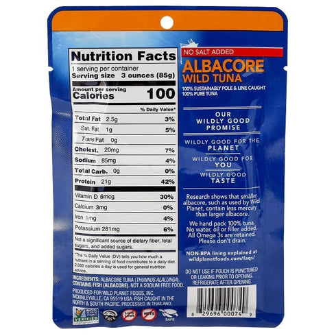 Wild Planet Wild Albacore Tuna, No Salt Added, Sustainably Wild-Caught, Kosher, Gluten Free, Keto and Paleo, 3rd Party Mercury Tested, 3 Ounce Pou...