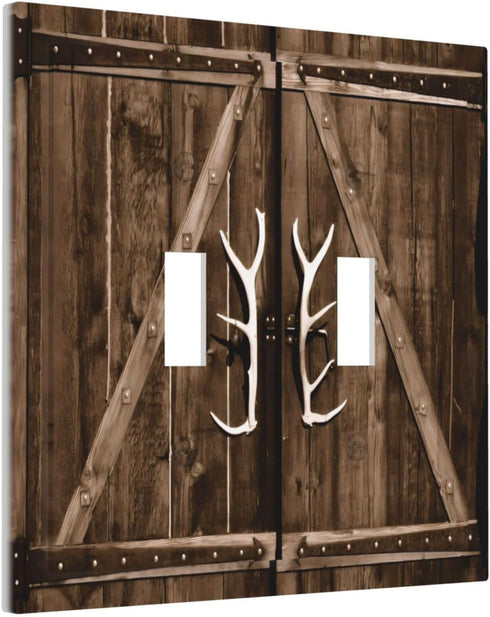 Farmhouse Antler Barn Door 2 Gang Double Toggle Light Switch Cover Decorative Wall Plate Electrical Faceplate For Country Farm Bathroom Home Livin...