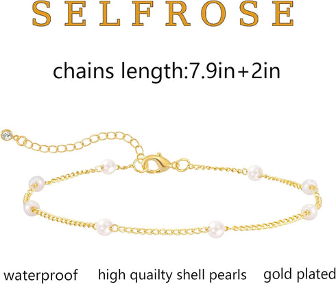 Ankle Bracelets for Women,Dainty Gold Anklet 14k Gold Plated Summer Pearl Anklets for Women Waterproof Non Tarnish Pearl Anklet Set Cute Beded Cha...