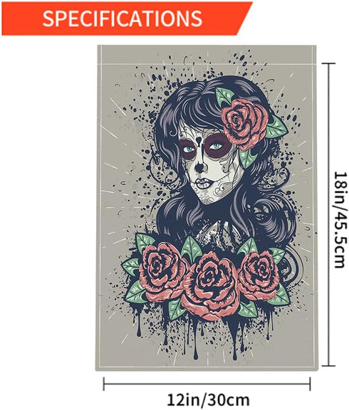 Moslion Sugar Skull Garden Flag Vertical Double Sided Gothic Lady with Day of The Dead Makeup and Blooming Red Roses House Flags Home Burlap Banne...