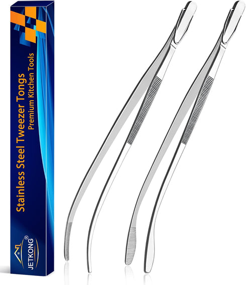 JETKONG 2 Pcs 12'' Curved Kitchen Tweezers Stainless Steel Long Tweezer Tongs Professional Chef Tweezers for Cooking, Grilling and BBQ (Silver)...
