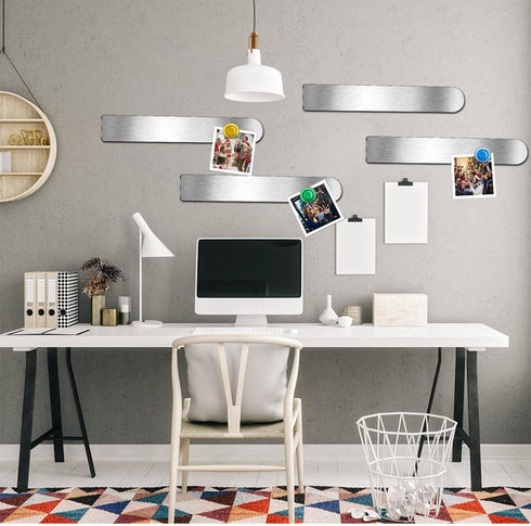 Frameless Magnetic Stainless Iron Board Strips, Adhesive Backing Bulletin Bar Board with 10 Pieces Colorful Magnet, Memo Strip for Office Home 4Pc...