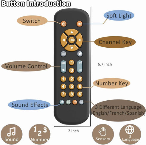 Baby TV Remote Control Toy with Light and Sound, Early Educational Music Toy with English/French/Spanish, Gift Toy for 6 Months+...